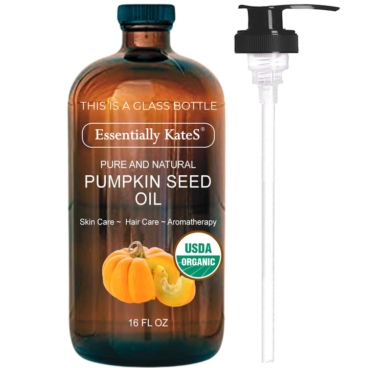 Essentially KateS glass bottle front label showing organic pumpkin seed oil benefits