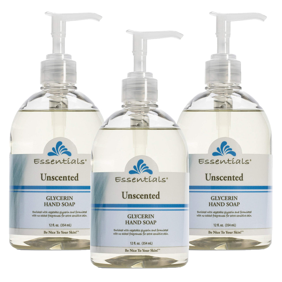 Essentials front packaging showing unscented glycerin soap and pumps for easy dispensing