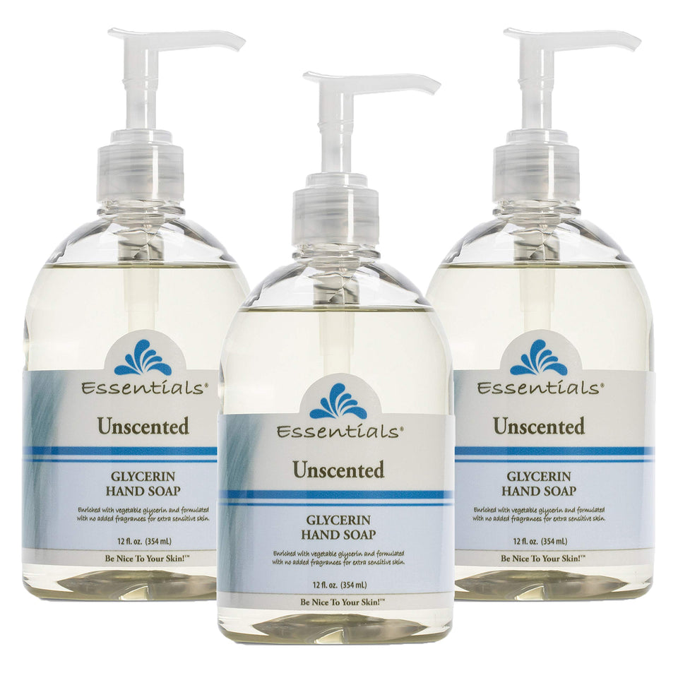 Essentials front packaging showing unscented glycerin soap and pumps for easy dispensing