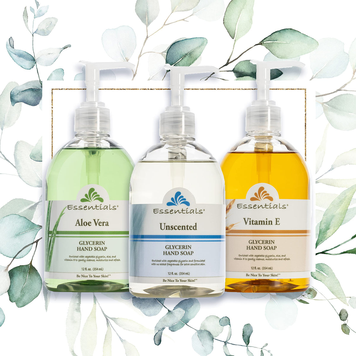 Essentials three bottles by a sink showing pack size and placement convenience