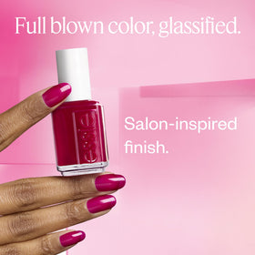 essie bottle label close-up showing shade name and vegan claim benefit: easy identification