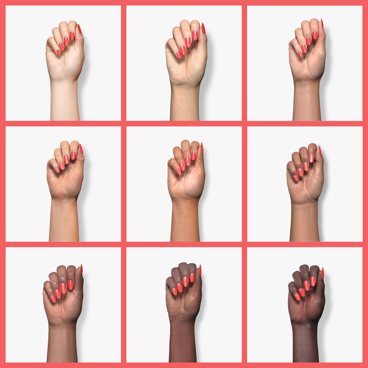essie polished nails in Sunset Soiree vibrant orange-red showing longwear shine