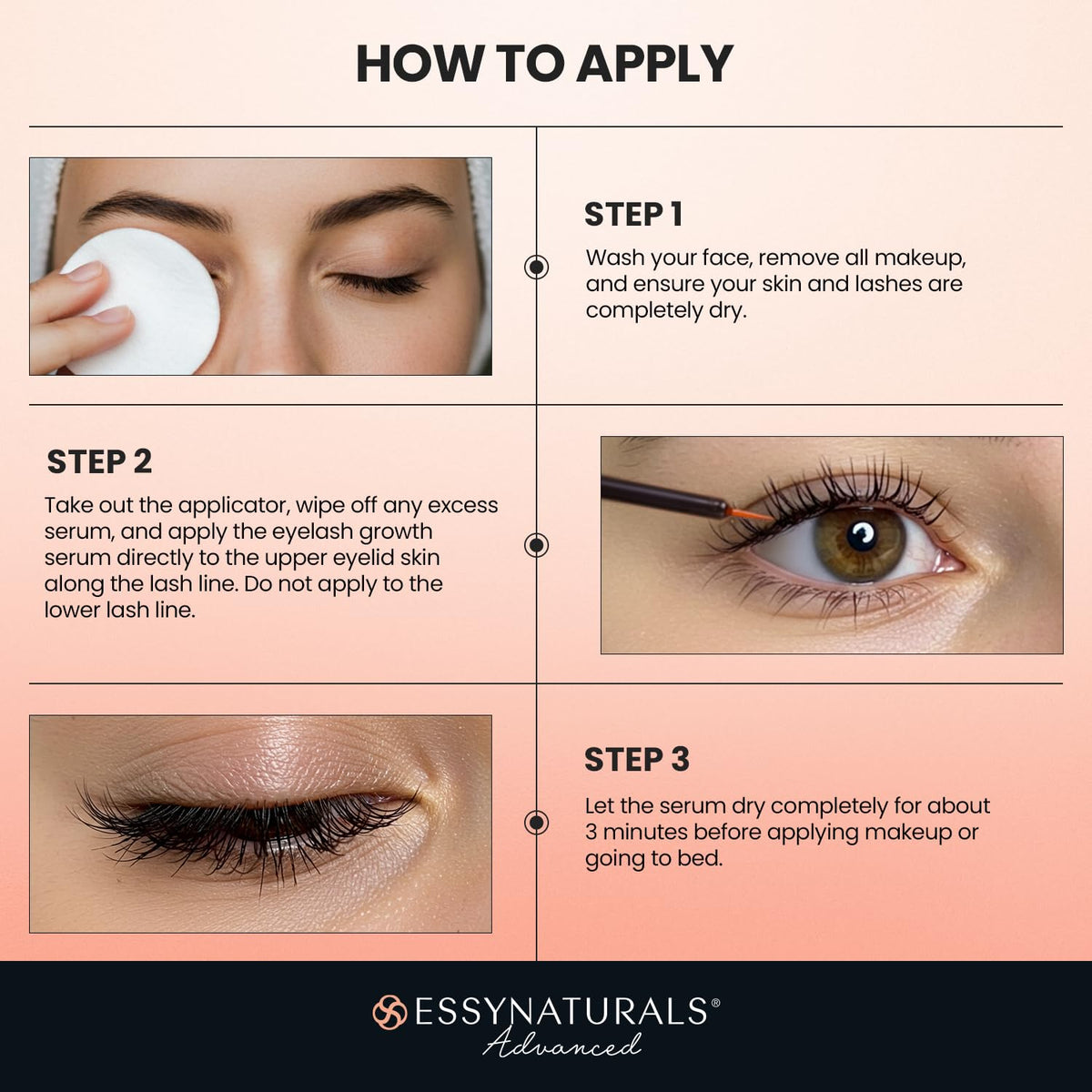 EssyNaturals before and after comparison showing fuller lashes after consistent use