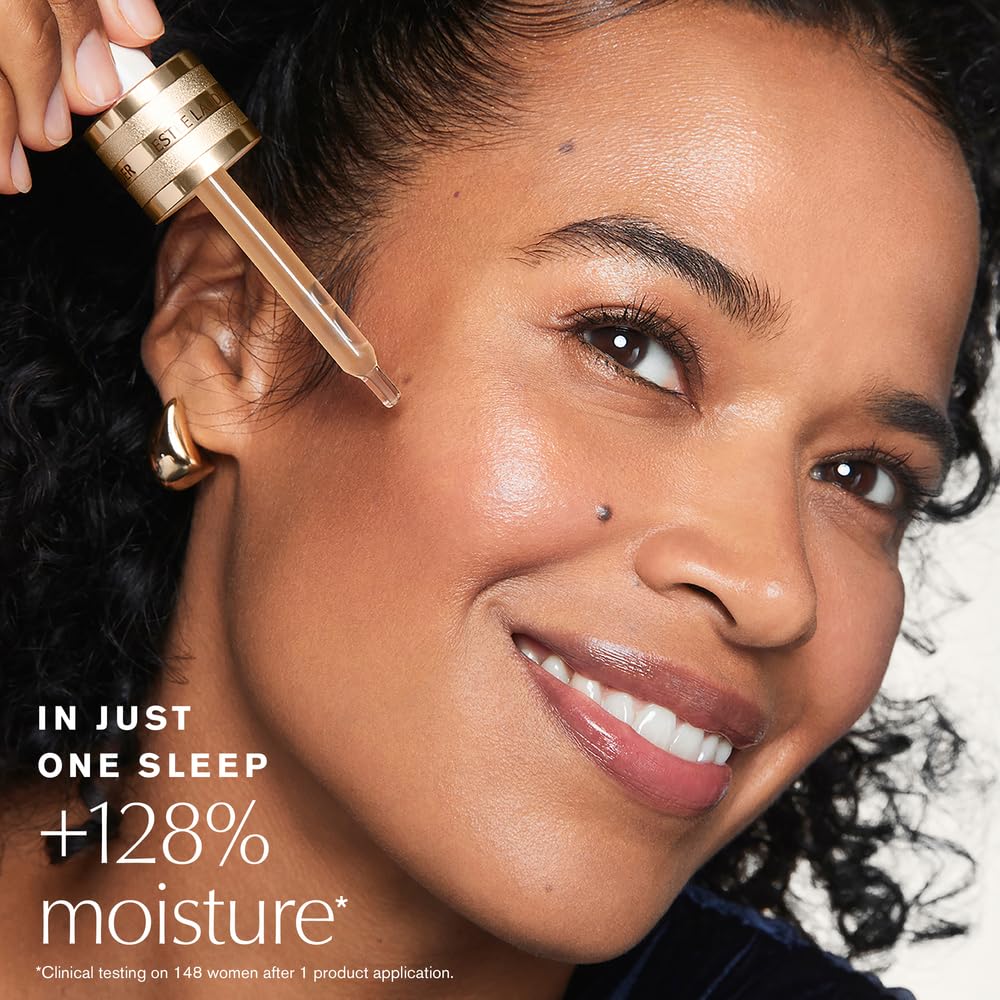 Estée Lauder dropper detail dispensing serum, highlights precise application and absorption