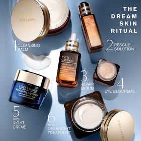 Estée Lauder jar on a bedside table showing overnight use for refreshed mornings