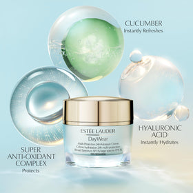 Estée Lauder DayWear cream being applied to cheek, demonstrates long-lasting hydration