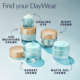 Estée Lauder DayWear in hand applying gel for quick depuffing benefit