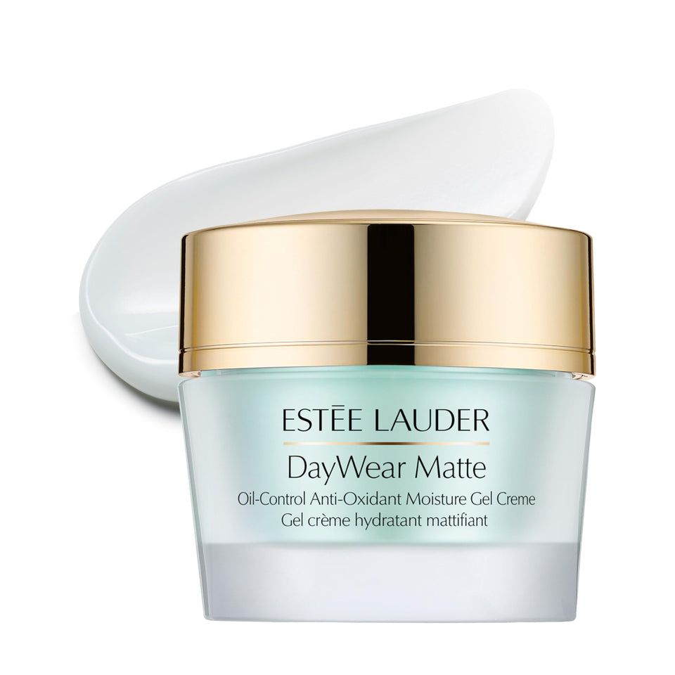 Estée Lauder jar front view showing matte gel cream and compact design benefit