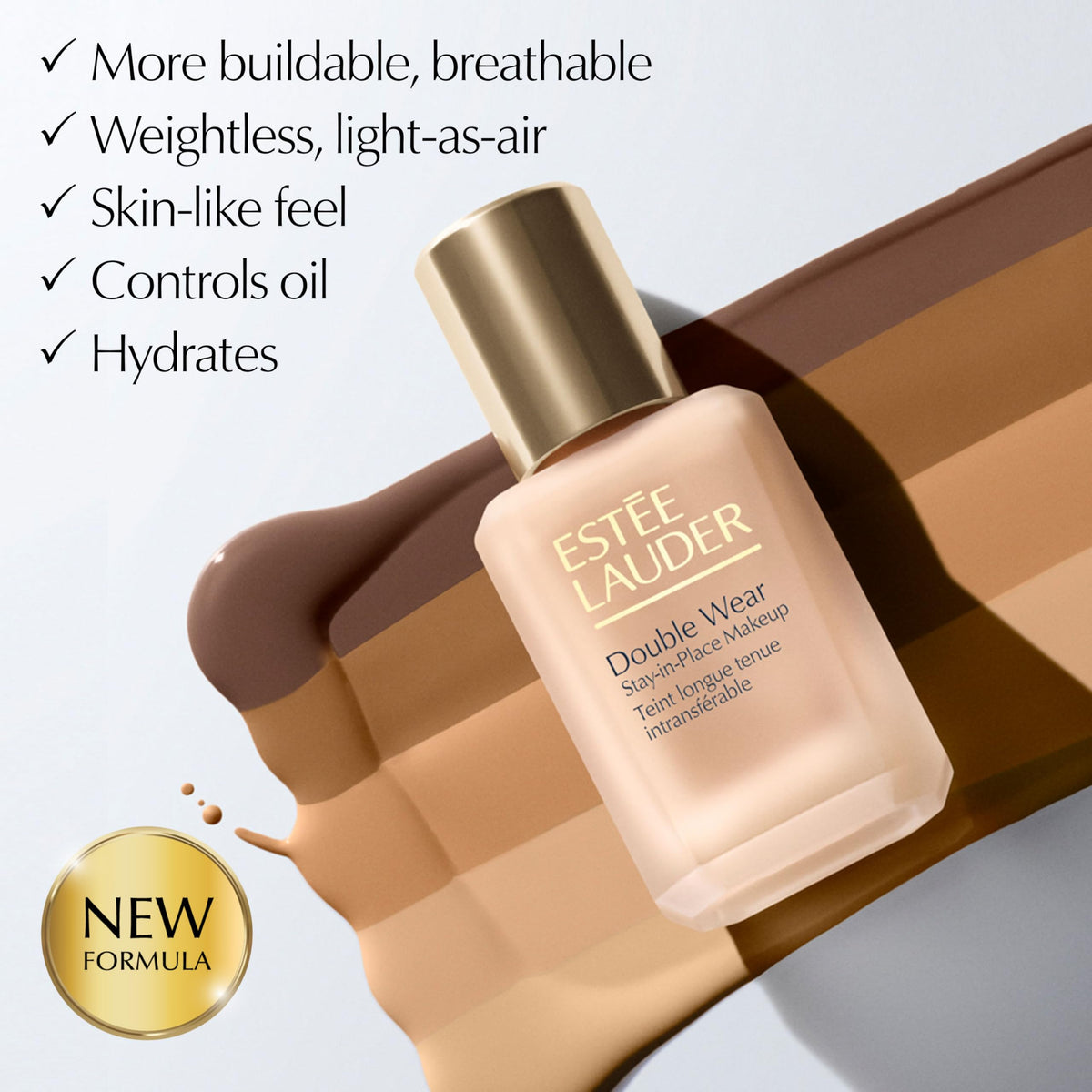 Estée Lauder split-face before and after showing pore-softening and evened skin tone benefit