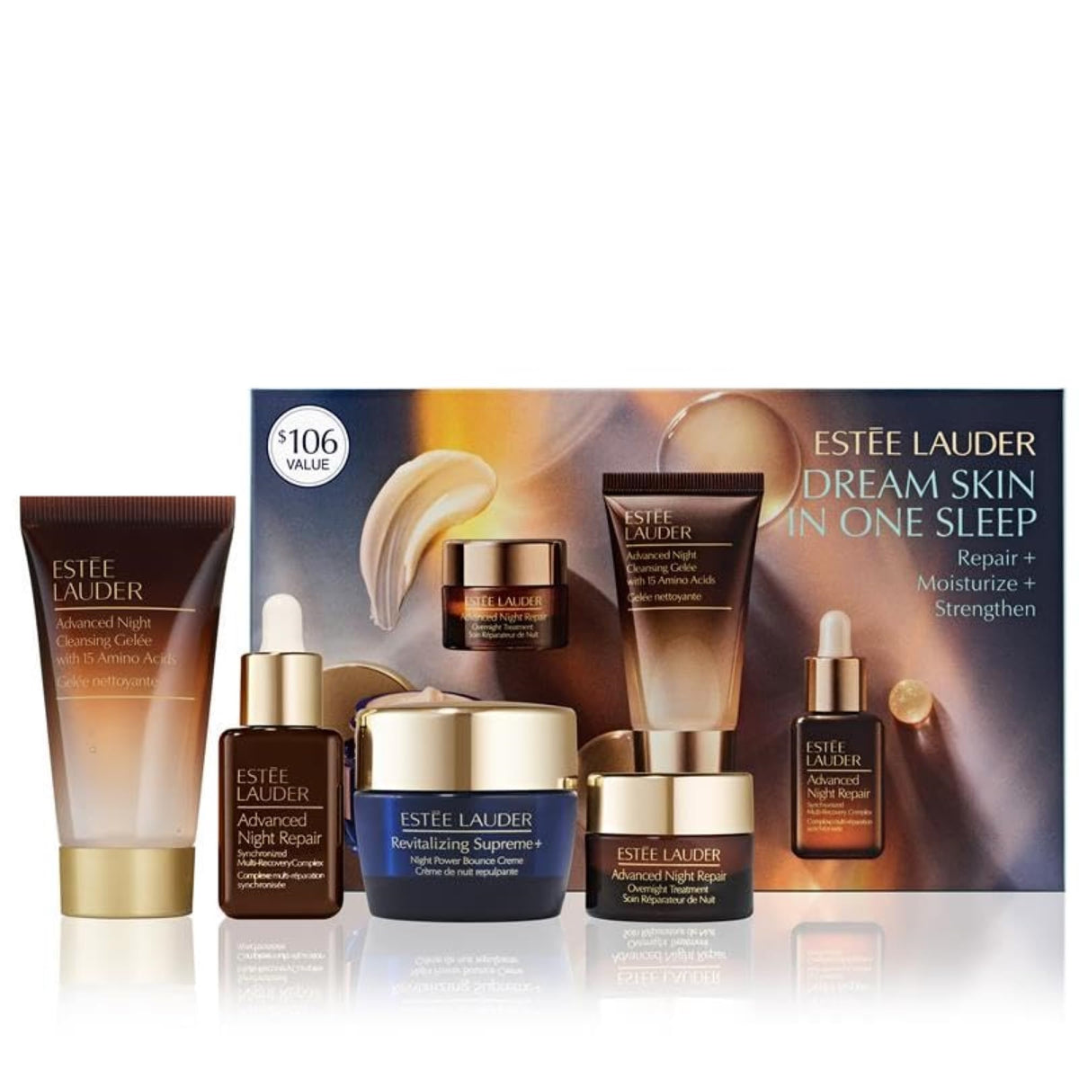Estée Lauder front packaging showing four deluxe travel products and gift set appeal