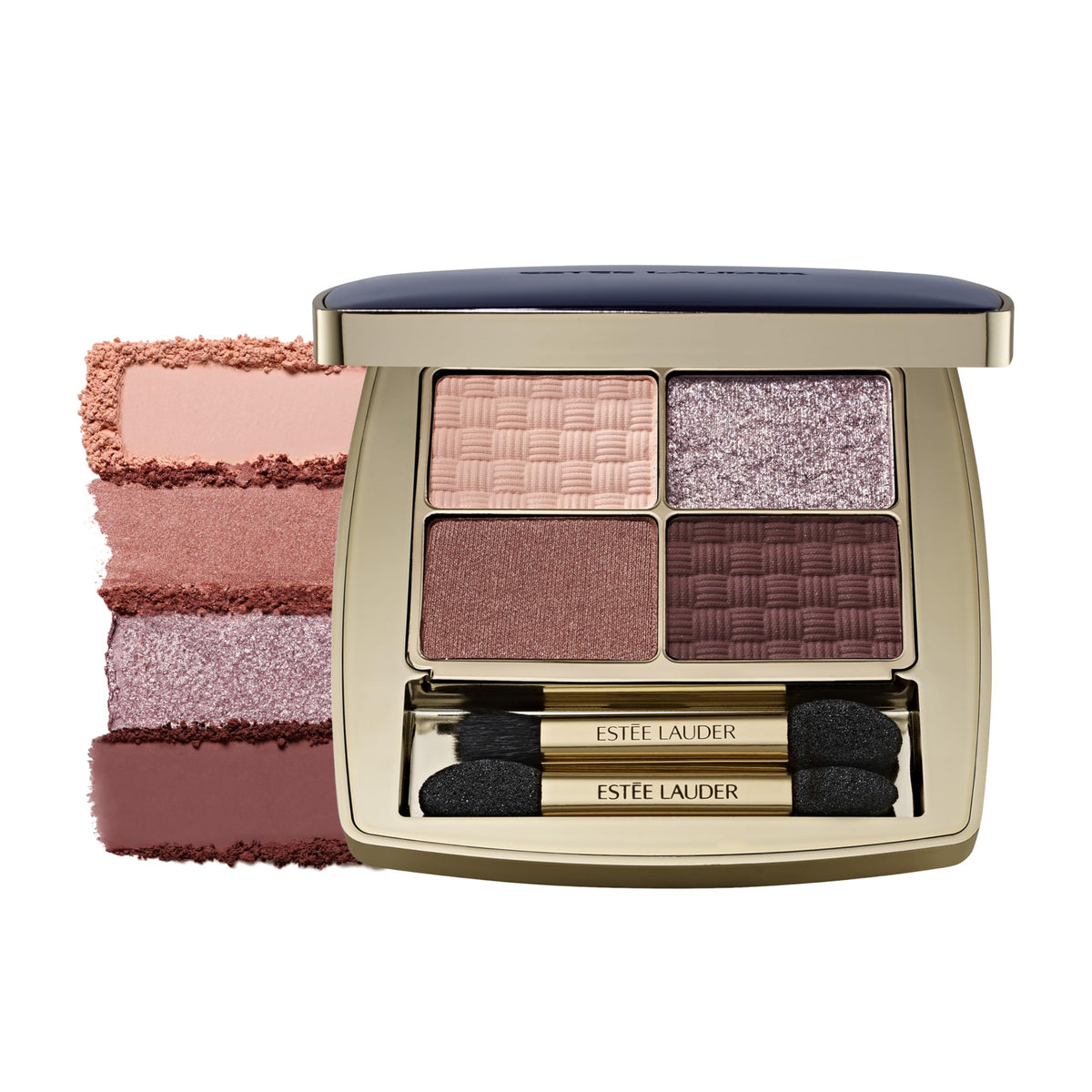 Estée Lauder front view of compact showing palette and logo, elegant travel-ready benefit