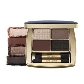 Estée Lauder eyeshadow quad front packaging shows elegant compact and shade range