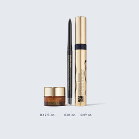Estée Lauder flat lay of all three products showing size and contents benefit: travel-ready essentials