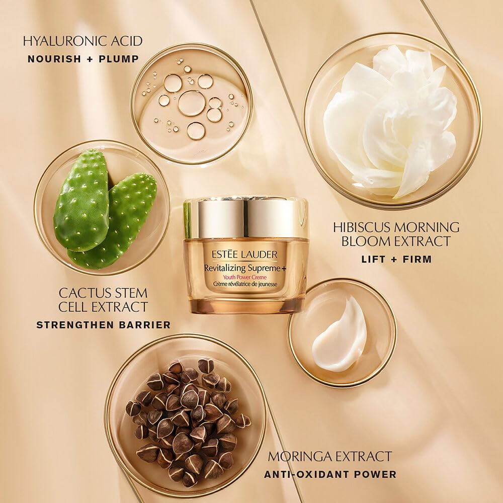 Estée Lauder ingredients label detail showing hibiscus and moringa extracts and actives