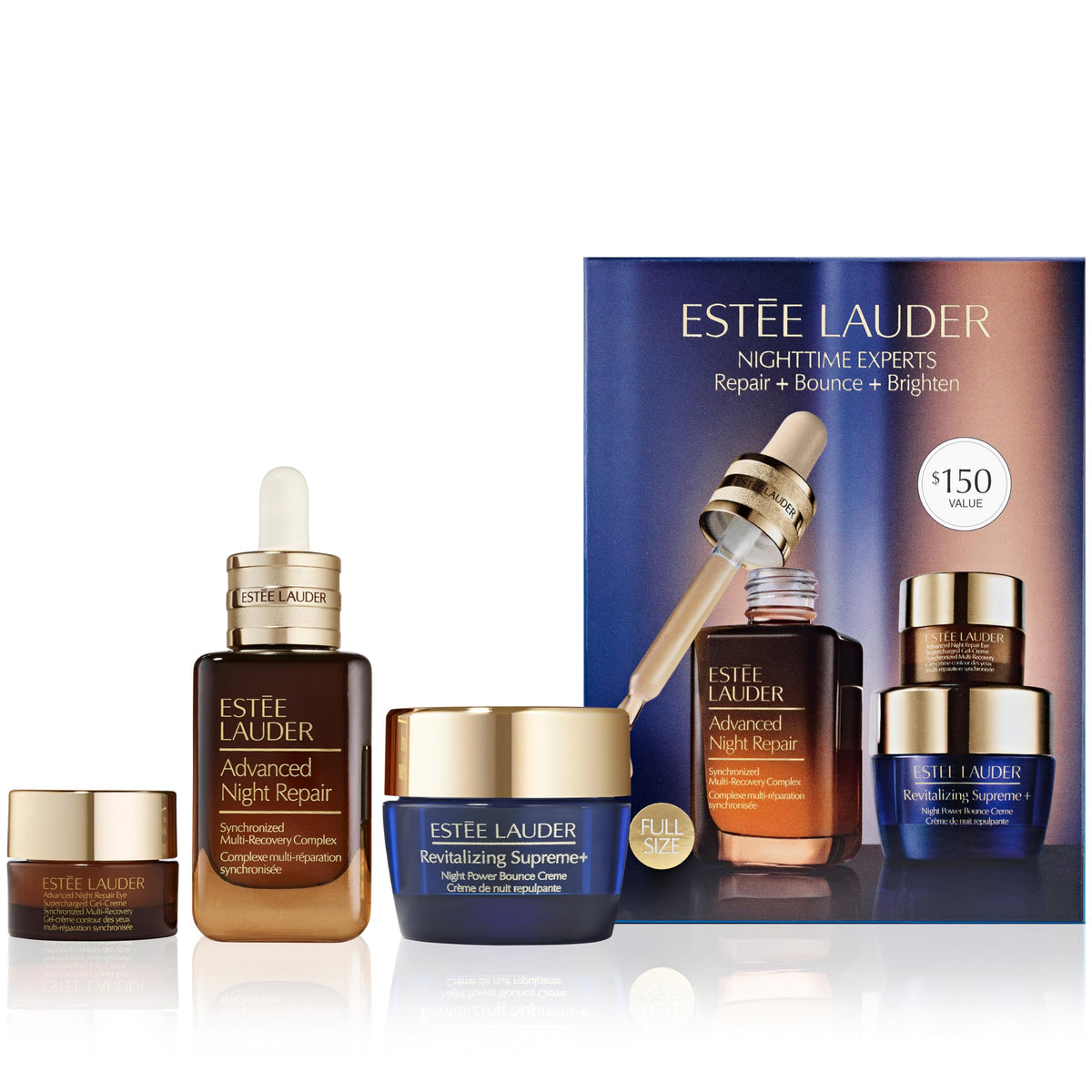 Estée Lauder Nighttime Experts front packaging showing three-piece gift set benefits