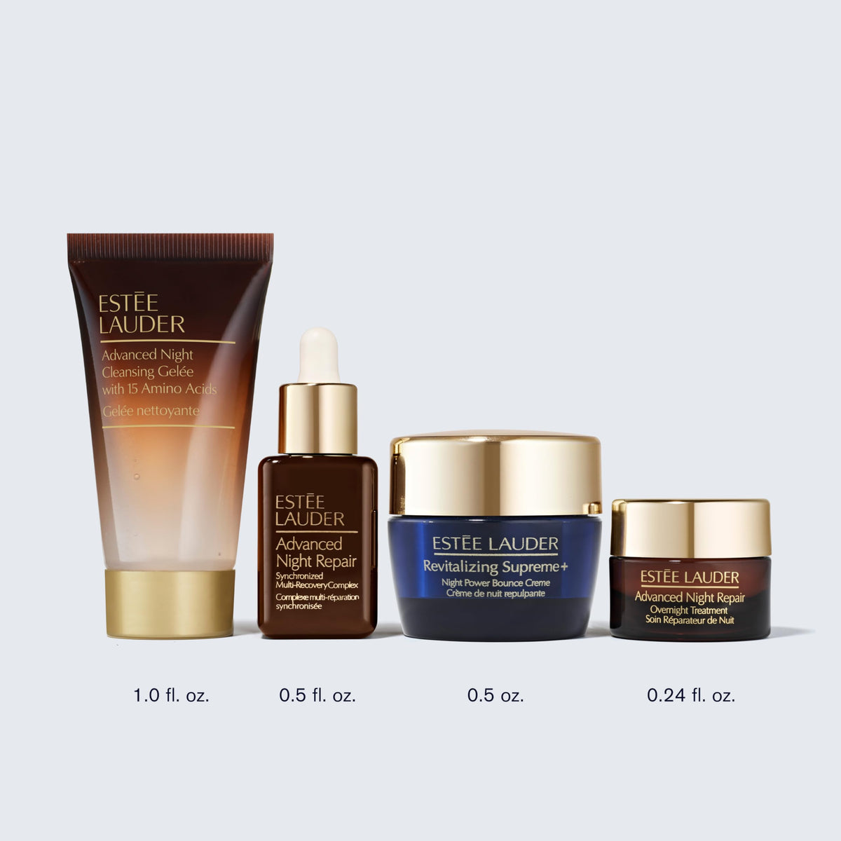 Estée Lauder overnight treatment on a bedside table showing overnight restoration benefit