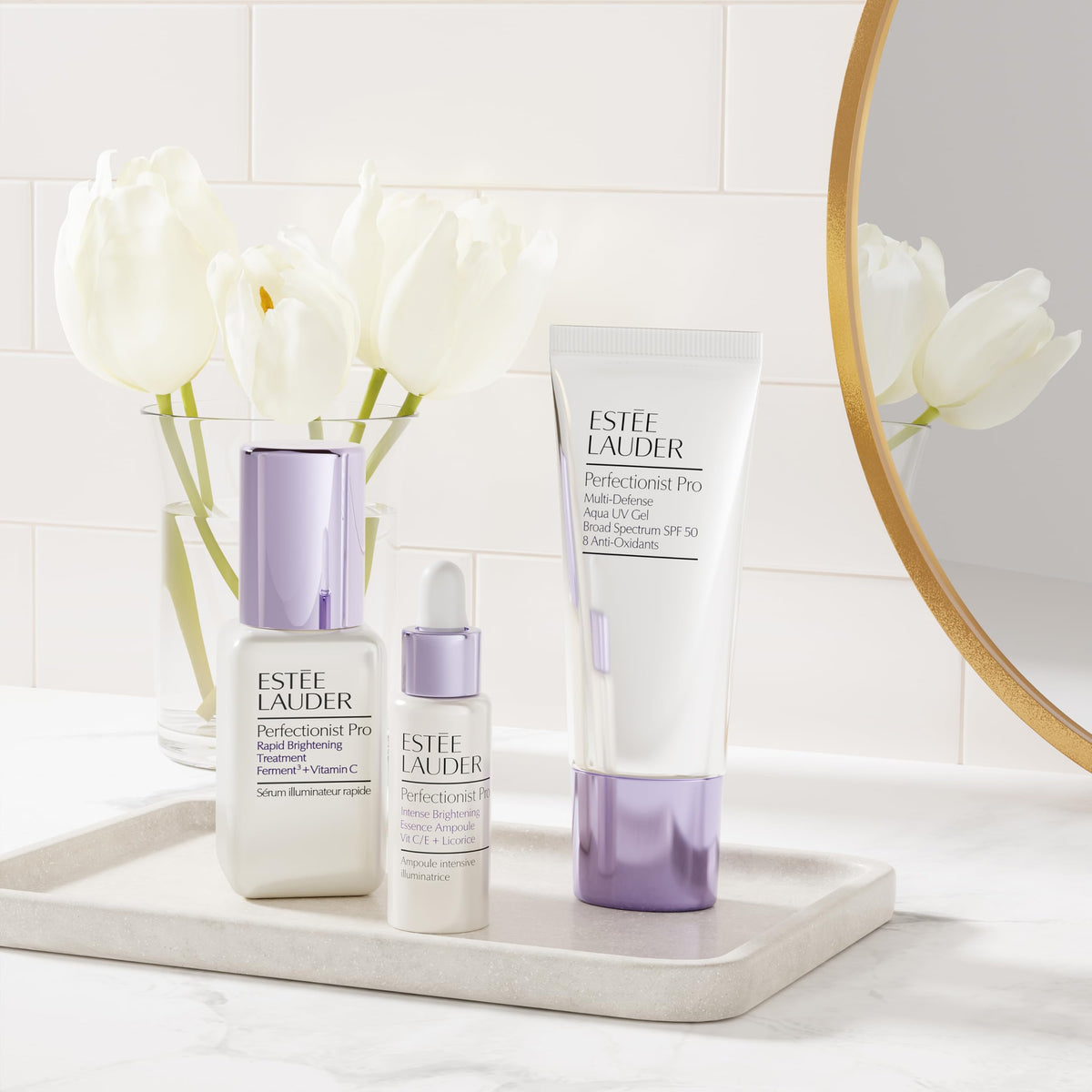 Estée Lauder conceptual before and after display suggesting improved even tone