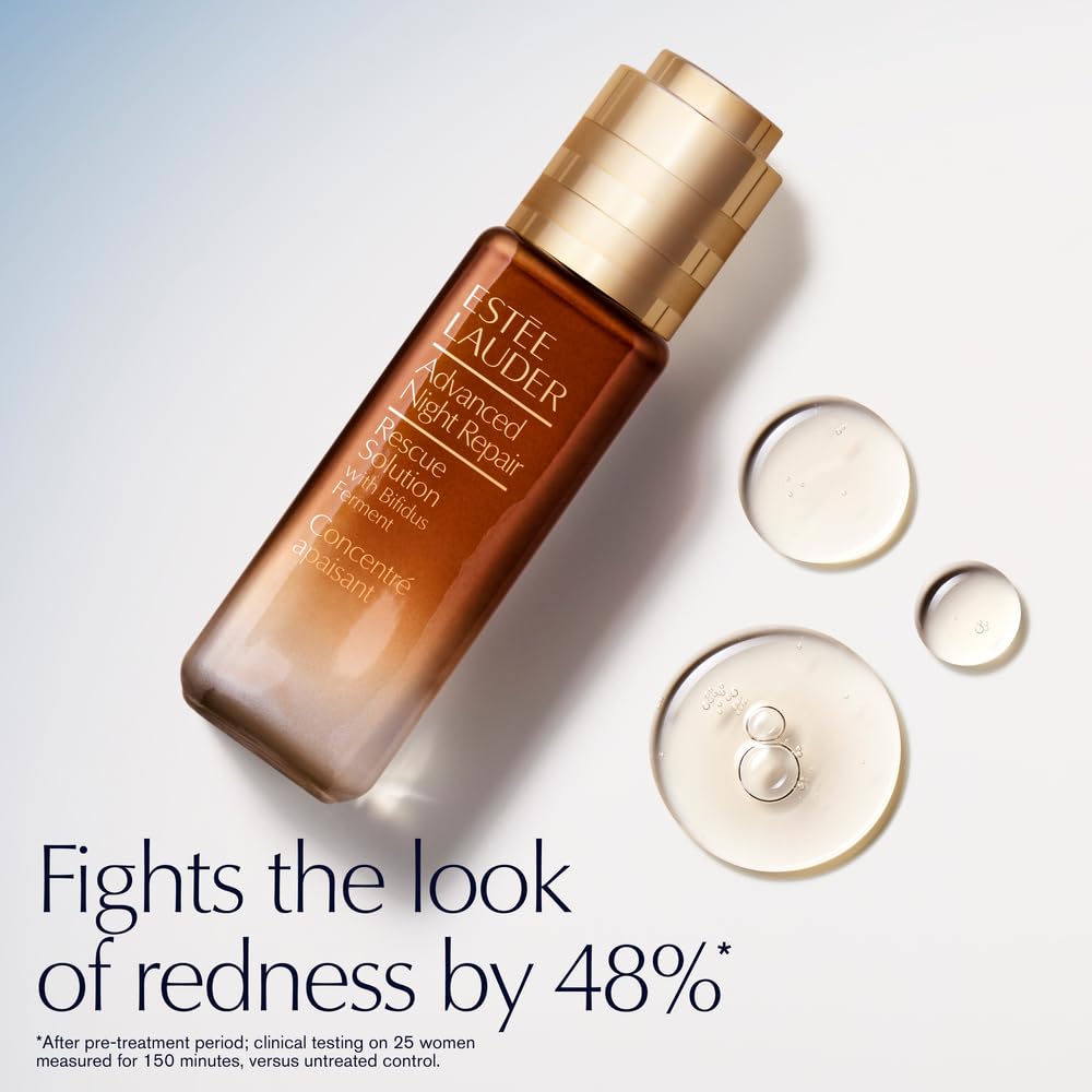 Estée Lauder Rescue Solution in bathroom routine scene promoting daily calming and layering