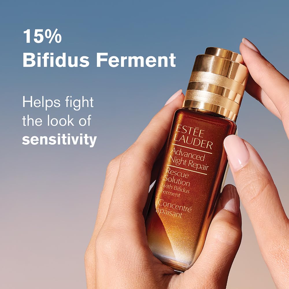 Estée Lauder Rescue Solution label close-up highlighting key ingredients and clean formulation