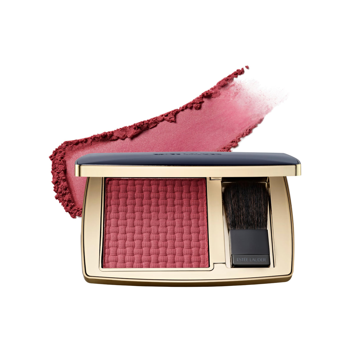 Estée Lauder compact front view showing mauve mystique and refillable case benefits