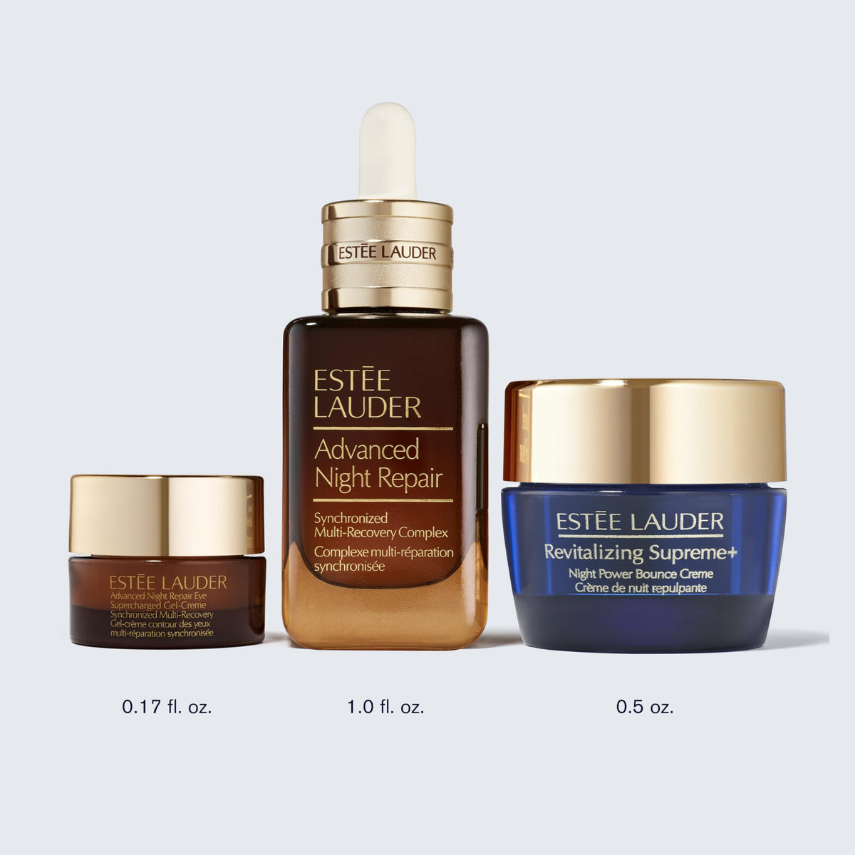Estée Lauder product size comparison demonstrating full-size serum and deluxe travel items