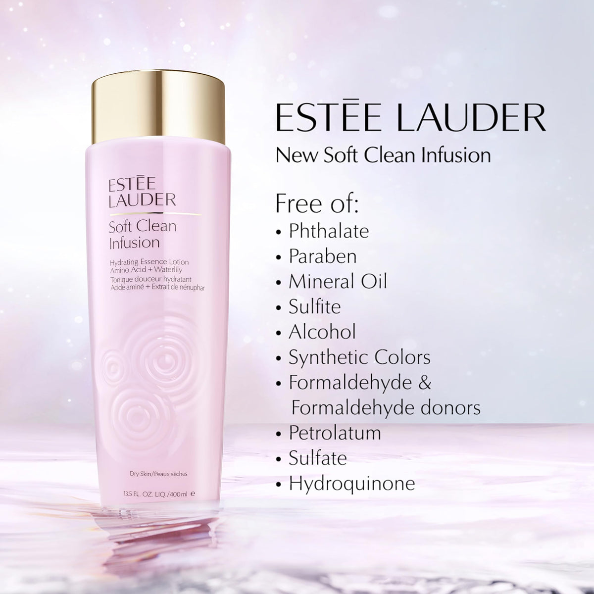 Estée Lauder product in hand being applied to skin, demonstrating gentle hydration