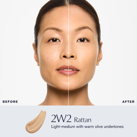 Estée Lauder foundation liquid texture close-up showing smooth, fluid matte finish for easy blending