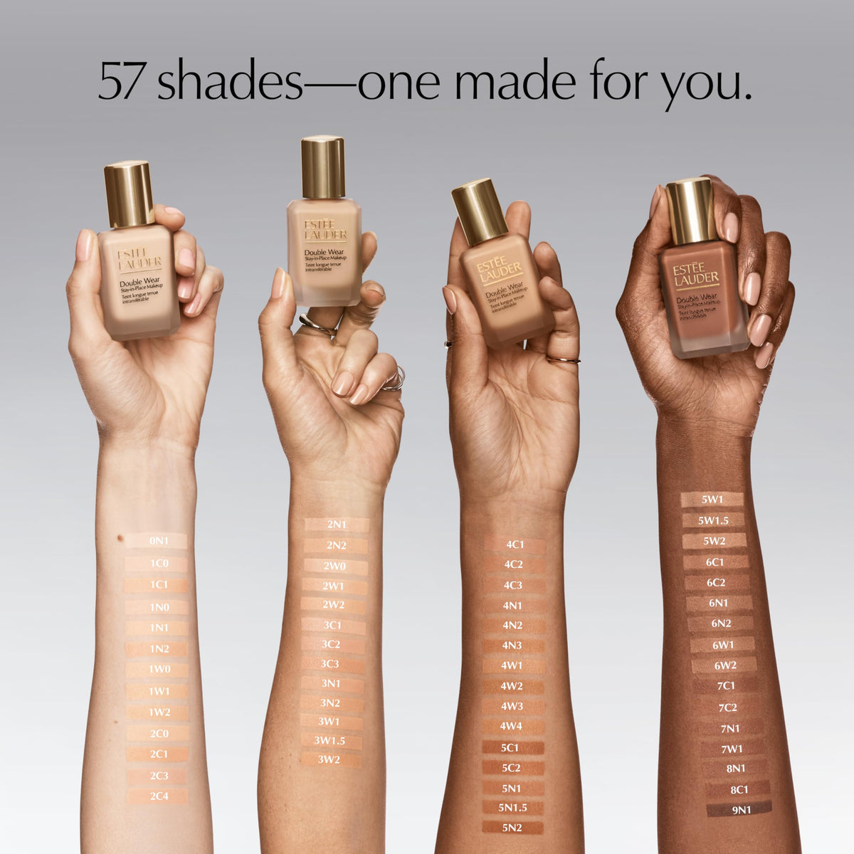 Estée Lauder packaging label close-up showing shade name and formulation benefit