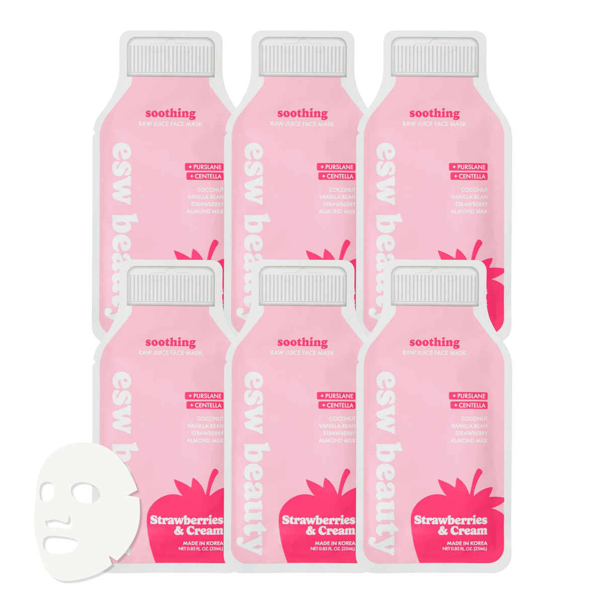 ESW Beauty front packaging showing strawberries and cream theme and clear product benefit