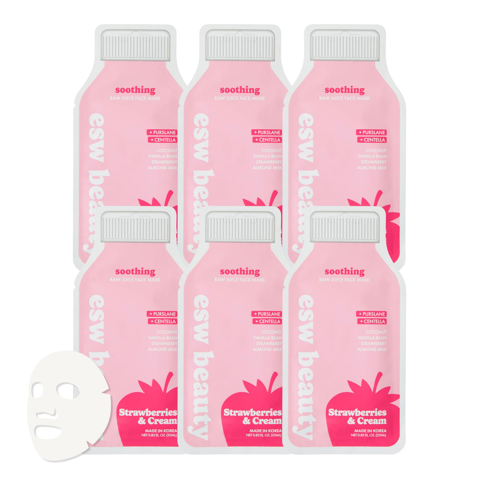 ESW Beauty front packaging showing strawberries and cream theme and clear product benefit