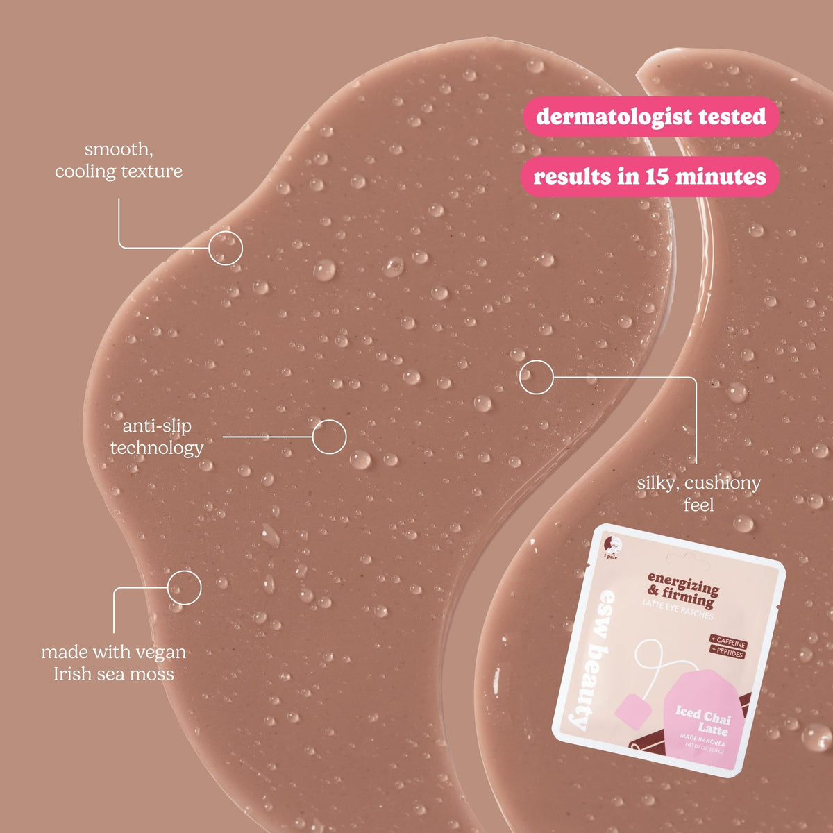 ESW Beauty patch applied under model eye reducing puffiness visibly