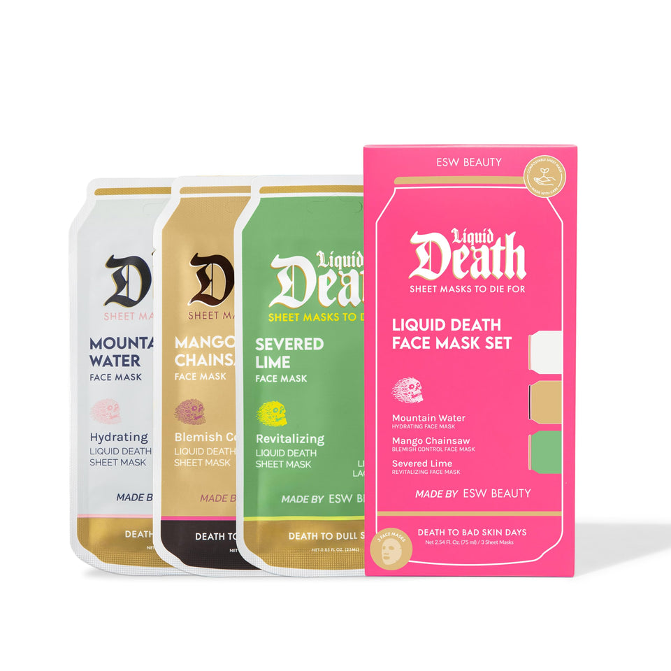 ESW Beauty front packaging showing the three Liquid Death mask designs and benefits