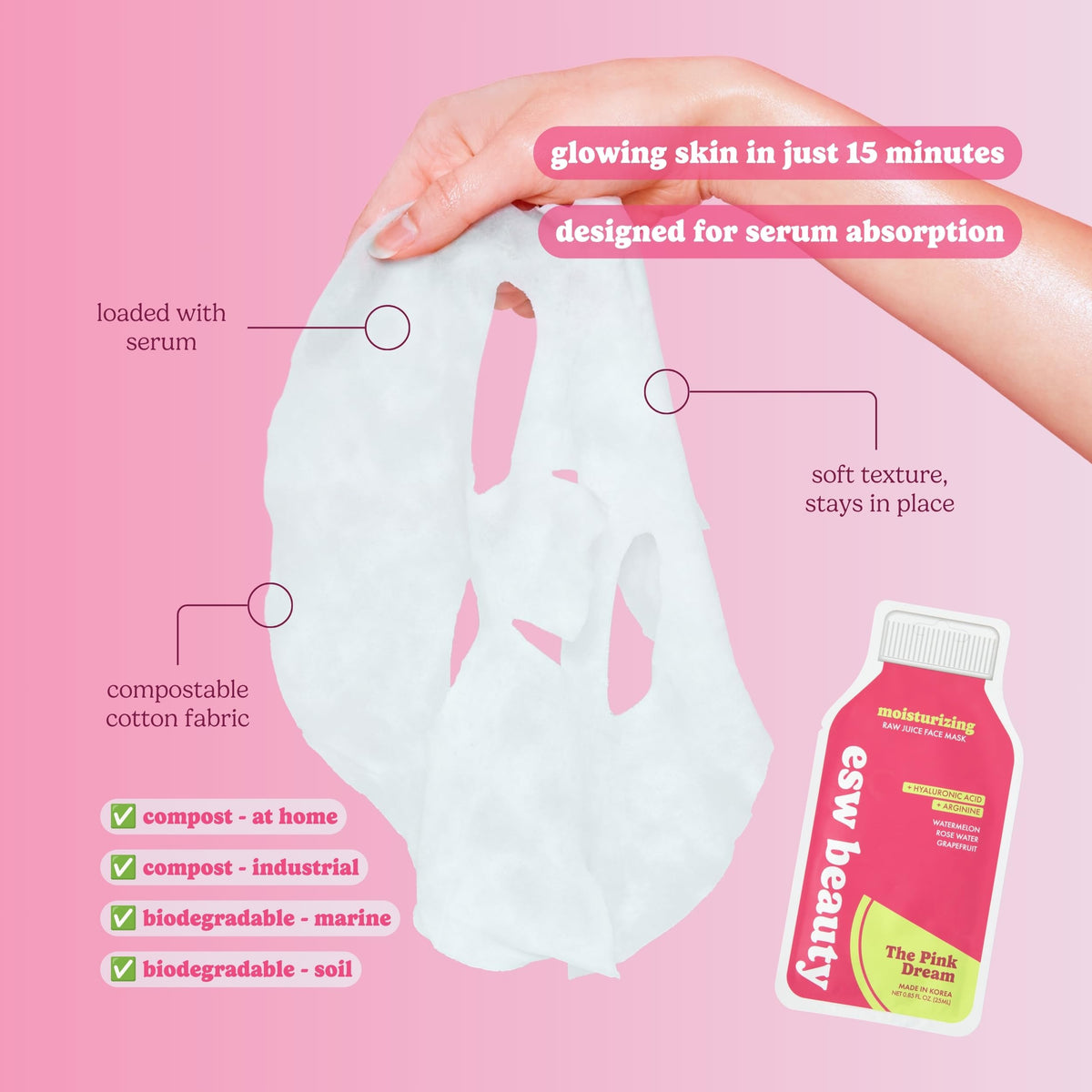 ESW Beauty rose water and watermelon ingredients highlighting soothing benefits