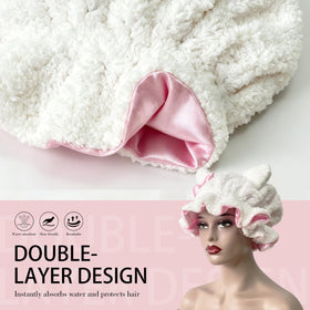 Etcial bonnet on model showing size and fit over large bun