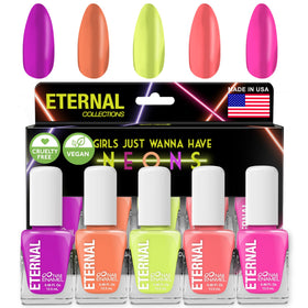 Eternal front packaging showing five neon bottles and bright colors for bold manicures