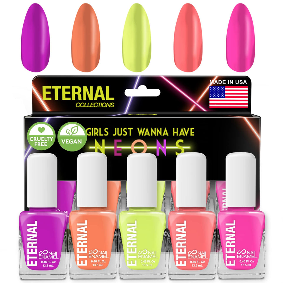 Eternal front packaging showing five neon bottles and bright colors for bold manicures