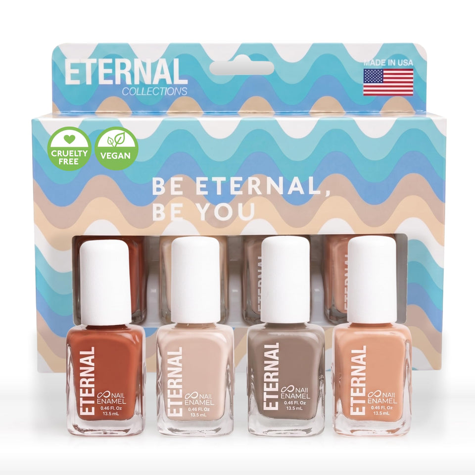Eternal brand front packaging showing four nude brown polishes and benefits
