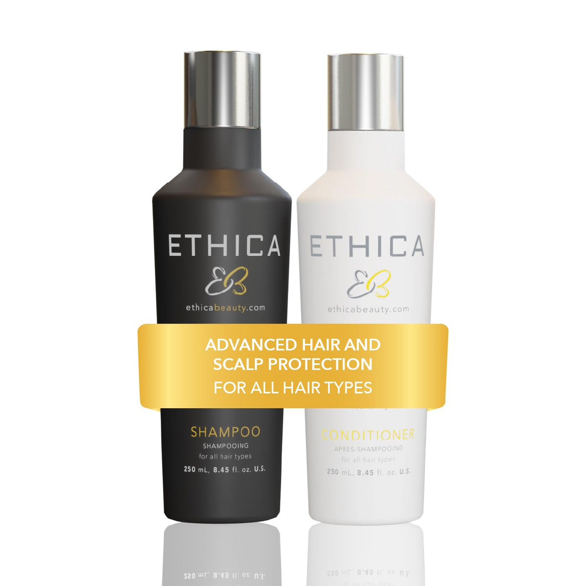 Ethica Beauty front packaging of shampoo and conditioner showing clean design and benefit