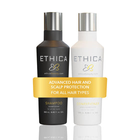 Ethica Beauty front packaging of shampoo and conditioner showing clean design and benefit