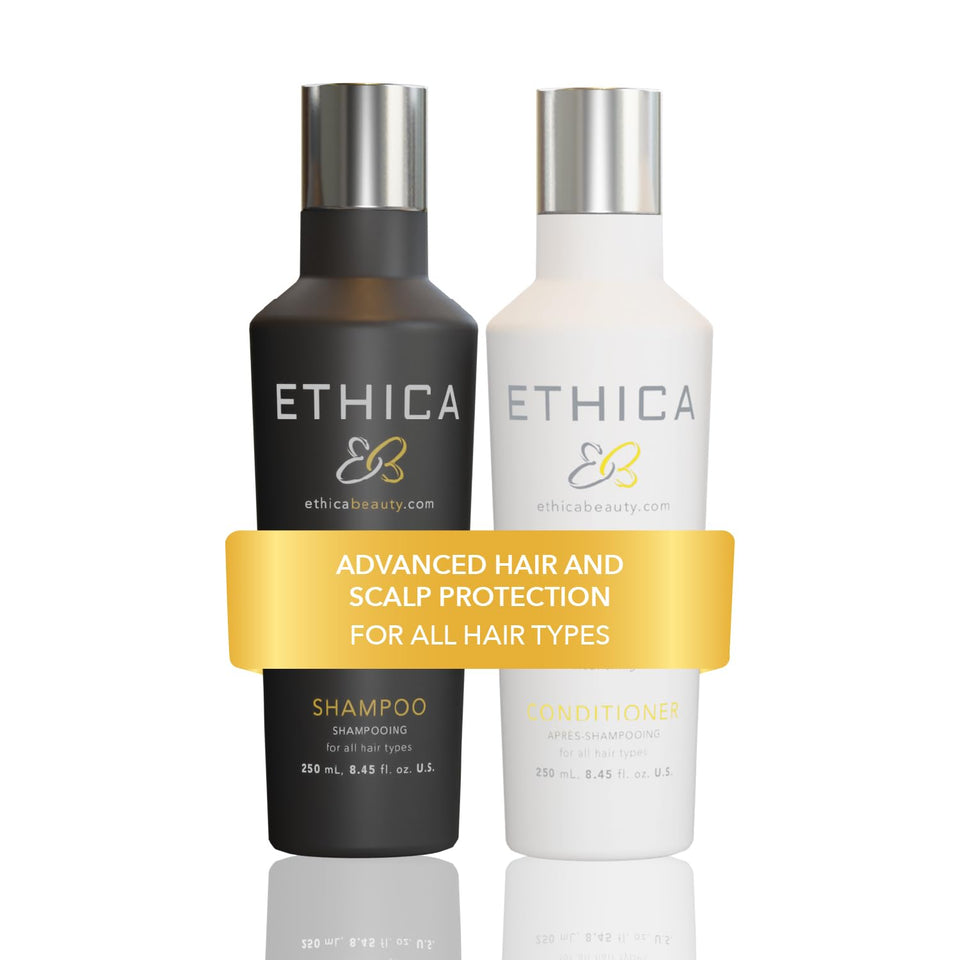 Ethica Beauty front packaging of shampoo and conditioner showing clean design and benefit