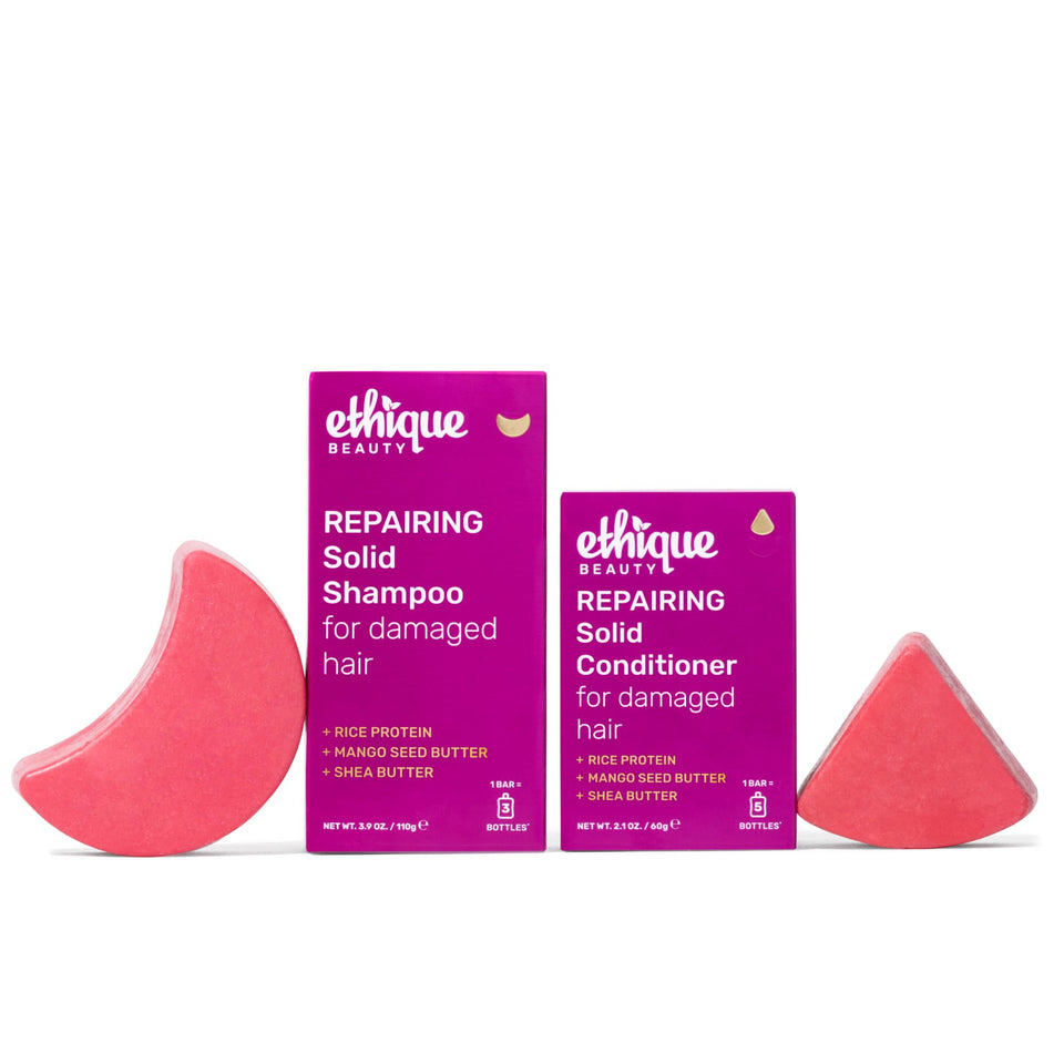 Ethique front packaging showing shampoo and conditioner bars and sustainable benefits