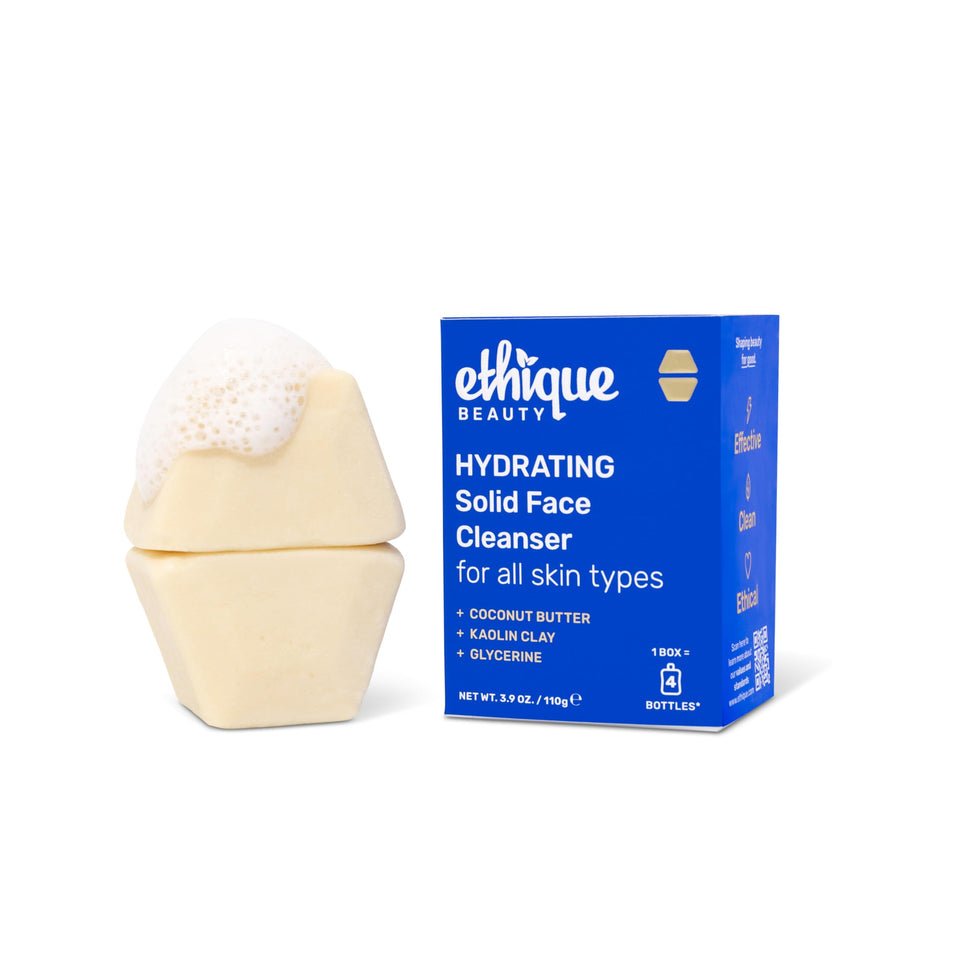 Ethique front packaging shows plastic-free face cleanser and sustainable benefits