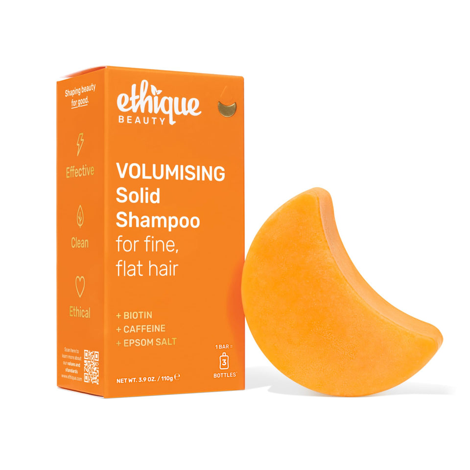 Ethique front packaging showing volumizing shampoo bar and eco benefit