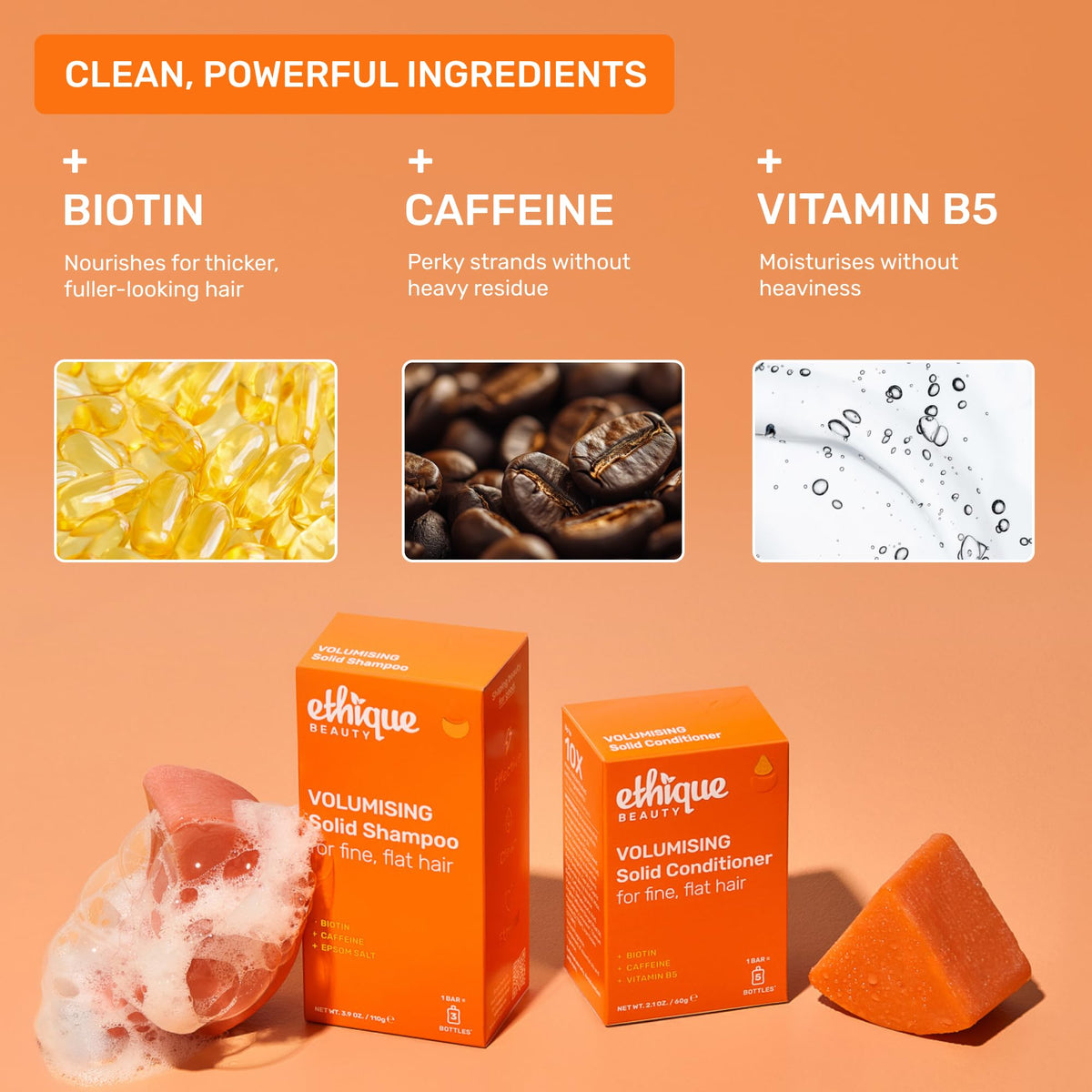 Ethique lather on hair demonstrating cleansing and lift benefits