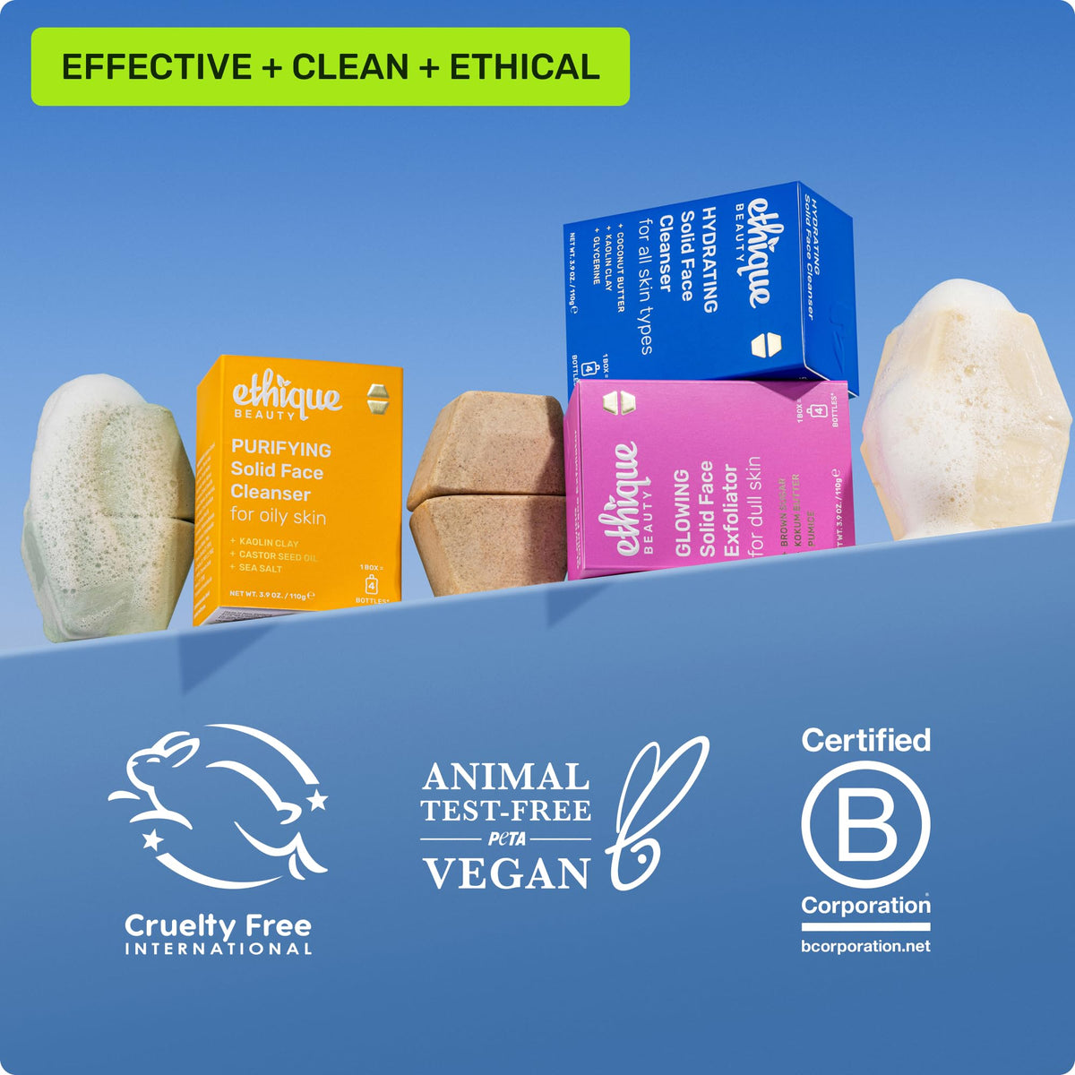 Ethique bar on bathroom shelf in lifestyle scene promoting low-waste routine