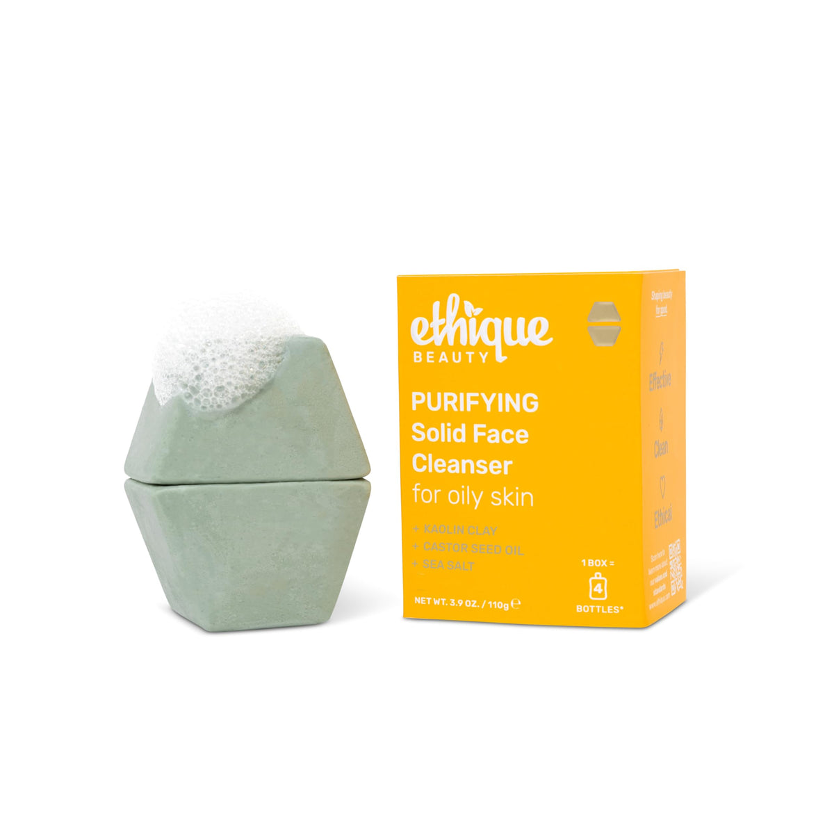 Ethique front packaging showing two purifying face cleanser bars and eco packaging benefit