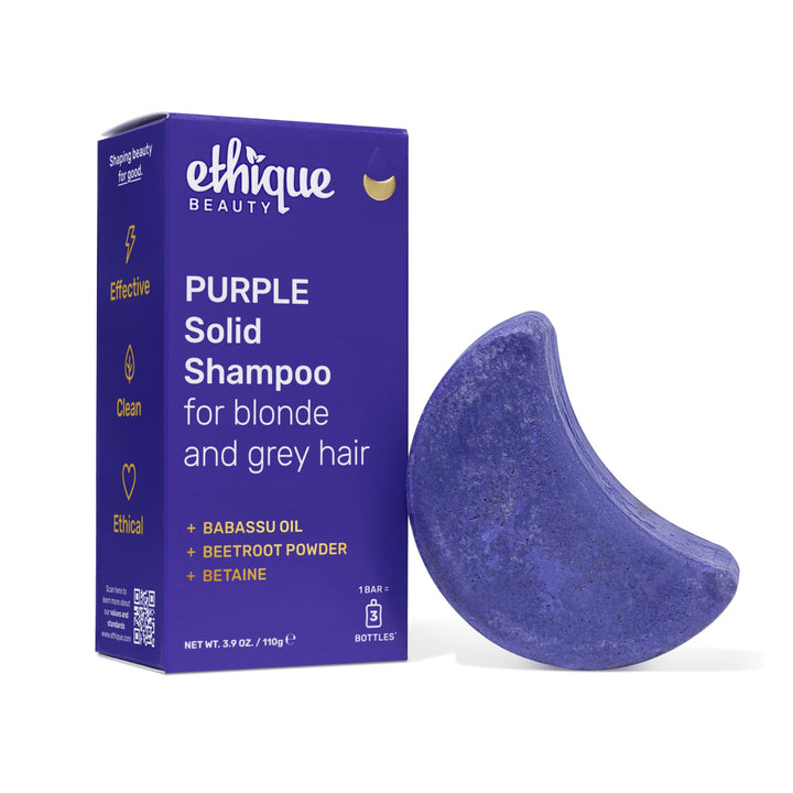 Ethique purple shampoo bar front packaging showing eco label and compact size benefit