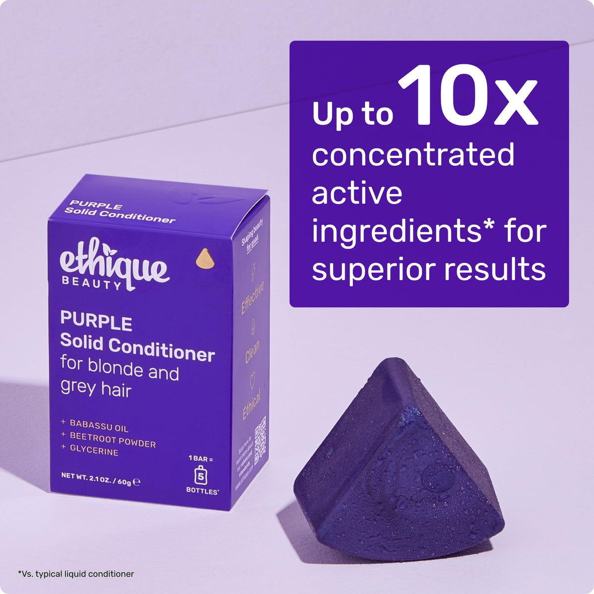 Ethique purple conditioner bar on bathroom shelf in lifestyle scene promoting sustainable swap