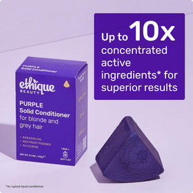 Ethique purple conditioner bar on bathroom shelf in lifestyle scene promoting sustainable swap