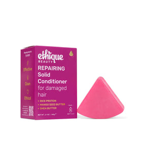 Ethique repairing conditioner bar front view showing compact plastic-free form and travel benefit